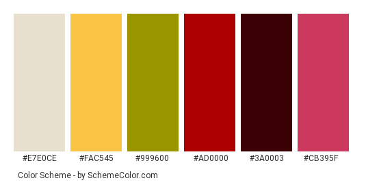 Heart cherry - Color scheme palette thumbnail - #e7e0ce #fac545 #999600 #ad0000 #3a0003 #cb395f 