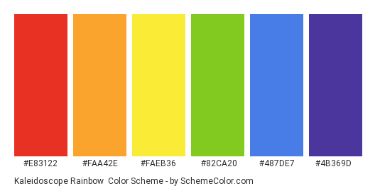 Kaleidoscope Rainbow - Color scheme palette thumbnail - #e83122 #faa42e #faeb36 #82ca20 #487de7 #4b369d 