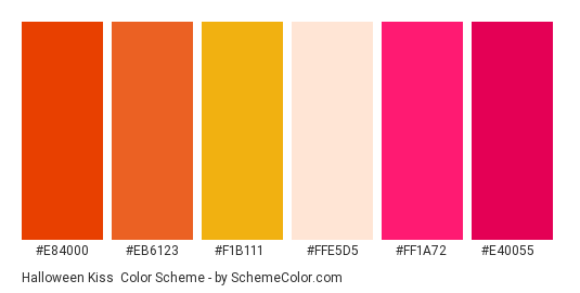 Halloween Kiss - Color scheme palette thumbnail - #e84000 #eb6123 #f1b111 #ffe5d5 #ff1a72 #e40055 