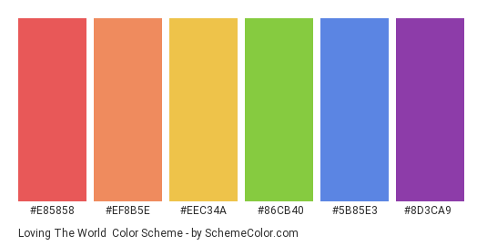 Loving the World - Color scheme palette thumbnail - #e85858 #ef8b5e #eec34a #86cb40 #5b85e3 #8d3ca9 