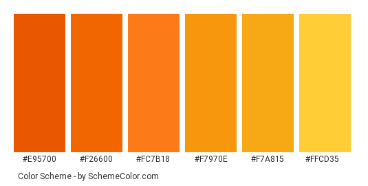 Sweetheart Leaf - Color scheme palette thumbnail - #e95700 #f26600 #fc7b18 #f7970e #f7a815 #ffcd35 
