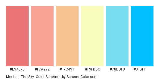 Meeting The Sky - Color scheme palette thumbnail - #e97675 #f7a292 #f7c491 #f9fdbc #78ddf0 #01bfff 