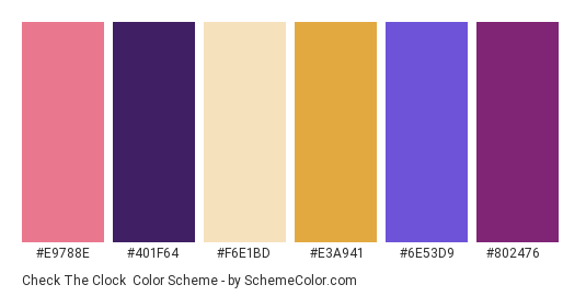 Check the Clock - Color scheme palette thumbnail - #e9788e #401f64 #f6e1bd #e3a941 #6e53d9 #802476 