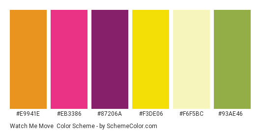 Watch Me Move - Color scheme palette thumbnail - #e9941e #eb3386 #87206a #f3de06 #f6f5bc #93ae46 