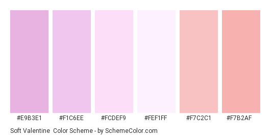 Soft Valentine - Color scheme palette thumbnail - #e9b3e1 #f1c6ee #fcdef9 #fef1ff #f7c2c1 #f7b2af 