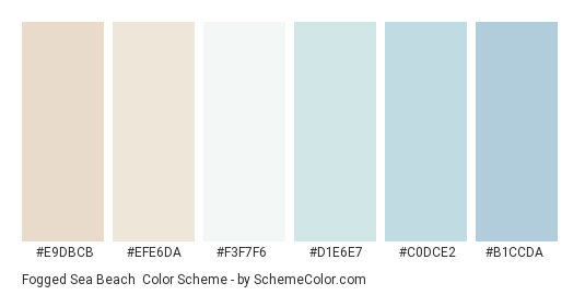 Fogged Sea Beach - Color scheme palette thumbnail - #e9dbcb #efe6da #f3f7f6 #d1e6e7 #c0dce2 #b1ccda 