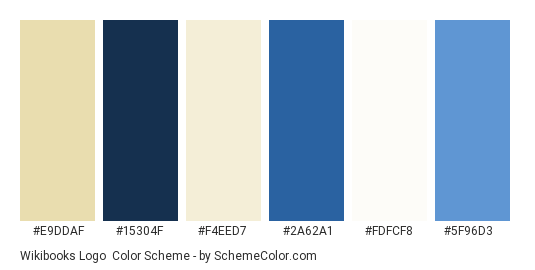 Wikibooks Logo - Color scheme palette thumbnail - #e9ddaf #15304f #f4eed7 #2a62a1 #fdfcf8 #5f96d3 