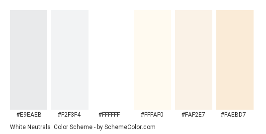 White Neutrals - Color scheme palette thumbnail - #e9eaeb #f2f3f4 #ffffff #fffaf0 #faf2e7 #faebd7 