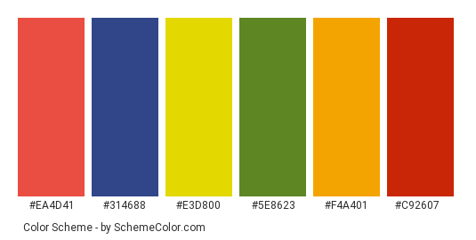Brightly Coloured Parrot - Color scheme palette thumbnail - #ea4d41 #314688 #e3d800 #5e8623 #f4a401 #c92607 