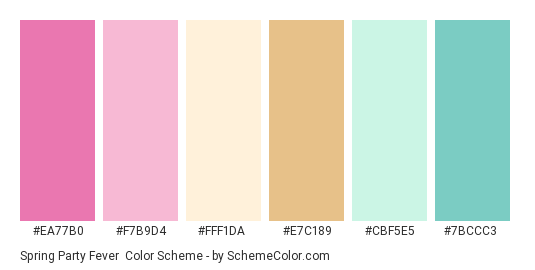 Spring Party Fever - Color scheme palette thumbnail - #ea77b0 #f7b9d4 #fff1da #e7c189 #cbf5e5 #7bccc3 
