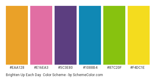 Brighten Up Each Day - Color scheme palette thumbnail - #eaa128 #e16ea3 #5c3e80 #1088b4 #87c20f #f4dc1e 
