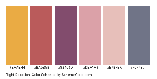 Right Direction - Color scheme palette thumbnail - #eaab44 #ba5b5b #824c6d #dba1a8 #e7bfba #707487 
