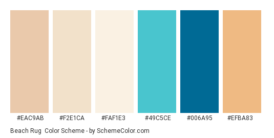 Beach Rug - Color scheme palette thumbnail - #eac9ab #f2e1ca #faf1e3 #49c5ce #006a95 #efba83 