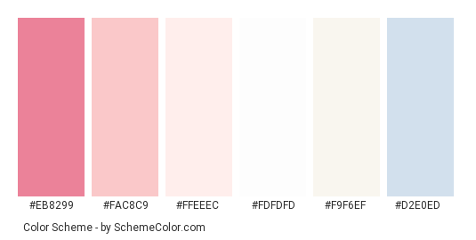 Summer Breeze - Color scheme palette thumbnail - #eb8299 #fac8c9 #ffeeec #fdfdfd #f9f6ef #d2e0ed 