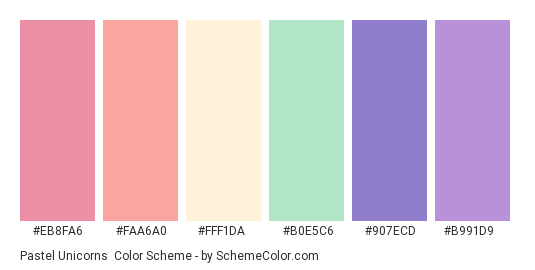 Pastel Unicorns - Color scheme palette thumbnail - #eb8fa6 #faa6a0 #fff1da #b0e5c6 #907ecd #b991d9 