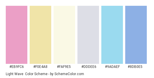 Light Wave - Color scheme palette thumbnail - #eb9fc6 #f0e4a8 #faf9e5 #dddee6 #9adaef #8db0e5 