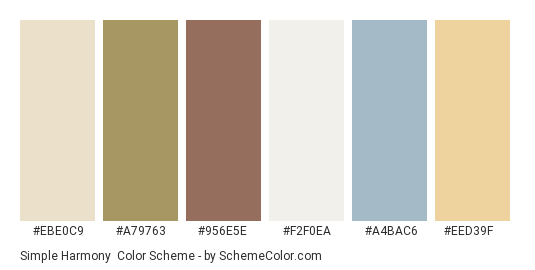Simple Harmony - Color scheme palette thumbnail - #ebe0c9 #a79763 #956e5e #f2f0ea #a4bac6 #eed39f 