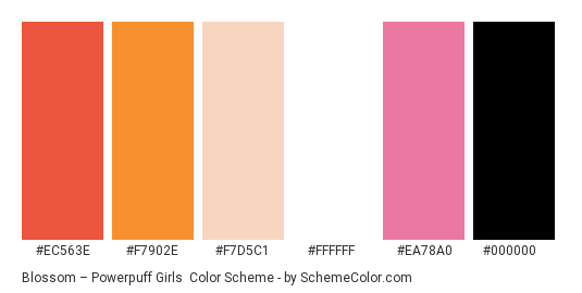 Blossom – Powerpuff Girls - Color scheme palette thumbnail - #ec563e #f7902e #f7d5c1 #FFFFFF #ea78a0 #000000 