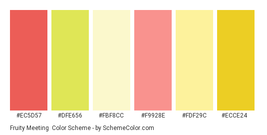 Fruity Meeting - Color scheme palette thumbnail - #ec5d57 #dfe656 #fbf8cc #f9928e #fdf29c #ecce24 