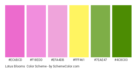Lotus Blooms - Color scheme palette thumbnail - #ec6bcd #f18edd #efa4db #fff461 #7eae47 #4c8c03 