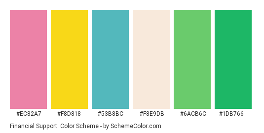 Financial Support - Color scheme palette thumbnail - #ec82a7 #f8d818 #53b8bc #f8e9db #6acb6c #1db766 