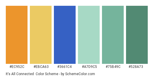 It’s All Connected - Color scheme palette thumbnail - #ec952c #ebca63 #3661c4 #a7d9c5 #75b49c #528a73 