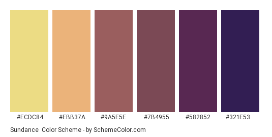 Sundance - Color scheme palette thumbnail - #ecdc84 #ebb37a #9a5e5e #7b4955 #582852 #321e53 