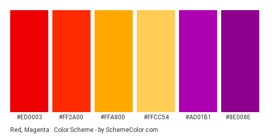 Red, Magenta & Yellow - Color scheme palette thumbnail - #ed0003 #ff2a00 #ffa800 #ffcc54 #ad01b1 #8e008e 