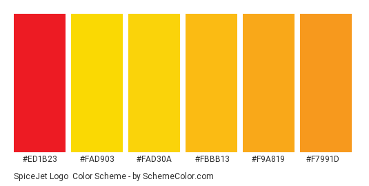 SpiceJet Logo - Color scheme palette thumbnail - #ed1b23 #fad903 #fad30a #fbbb13 #f9a819 #f7991d 