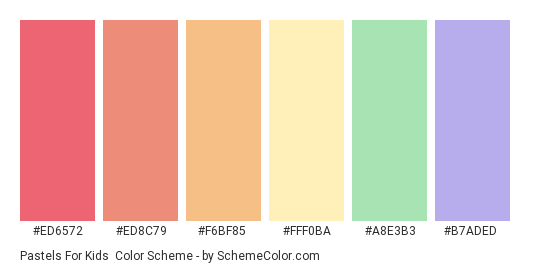 Pastels for Kids - Color scheme palette thumbnail - #ed6572 #ED8C79 #F6BF85 #FFF0BA #A8E3B3 #B7ADED 