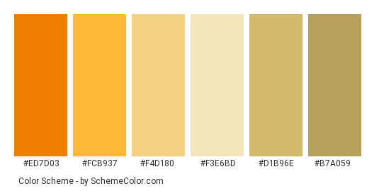 Fading Colors of Autumn - Color scheme palette thumbnail - #ed7d03 #fcb937 #f4d180 #f3e6bd #d1b96e #b7a059 
