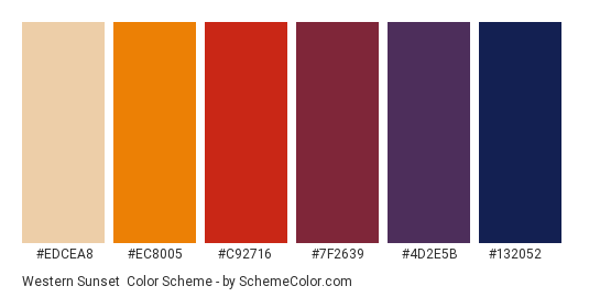 Western Sunset - Color scheme palette thumbnail - #edcea8 #ec8005 #c92716 #7f2639 #4d2e5b #132052 