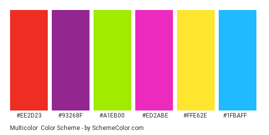 Multicolor - Color scheme palette thumbnail - #ee2d23 #93268f #a1eb00 #ed2abe #ffe62e #1fbaff 
