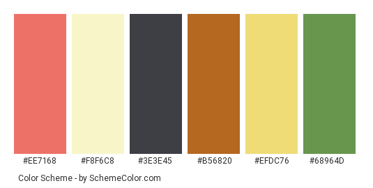 Apples, Jam & Basket - Color scheme palette thumbnail - #ee7168 #f8f6c8 #3e3e45 #b56820 #efdc76 #68964d 