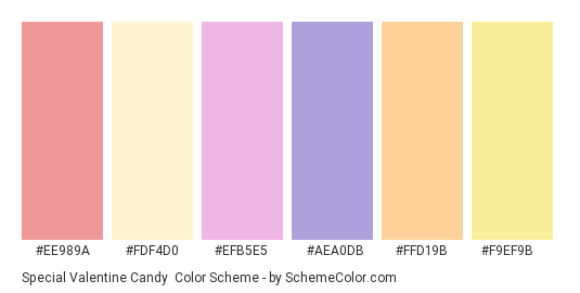 Special Valentine Candy - Color scheme palette thumbnail - #ee989a #fdf4d0 #efb5e5 #aea0db #ffd19b #f9ef9b 