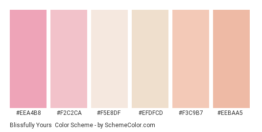 Blissfully Yours - Color scheme palette thumbnail - #eea4b8 #f2c2ca #f5e8df #efdfcd #f3c9b7 #eebaa5 