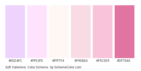 Soft Valentine - Color scheme palette thumbnail - #eed4fc #ffe3fd #fff7f4 #f9dbe6 #f9c3d9 #df75a0 