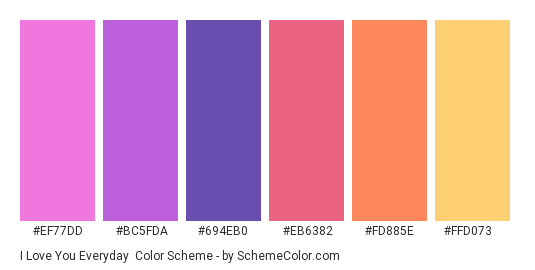 I Love You Everyday - Color scheme palette thumbnail - #ef77dd #bc5fda #694eb0 #EB6382 #FD885E #FFD073 