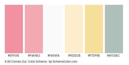 It All Comes Out - Color scheme palette thumbnail - #ef919e #f4a9b2 #fafafa #feedcb #f7df9b #afc0bc 