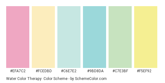 Water Color Therapy - Color scheme palette thumbnail - #efa7c2 #fcedbd #c6e7e2 #9bd8da #c7e3bf #f5ef92 