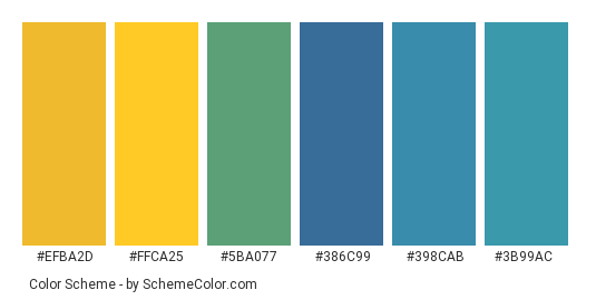 Yellow Macaw - Color scheme palette thumbnail - #efba2d #ffca25 #5ba077 #386c99 #398cab #3b99ac 