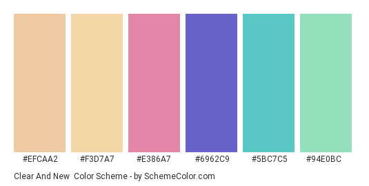 Clear and New - Color scheme palette thumbnail - #efcaa2 #F3D7A7 #E386A7 #6962C9 #5BC7C5 #94E0BC 