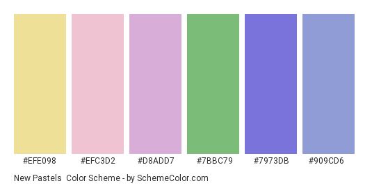 New Pastels - Color scheme palette thumbnail - #efe098 #efc3d2 #d8add7 #7bbc79 #7973db #909cd6 