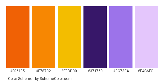 Purple Asters - Color scheme palette thumbnail - #f06105 #f78702 #f3bd00 #371769 #9c73ea #e4c6fc 