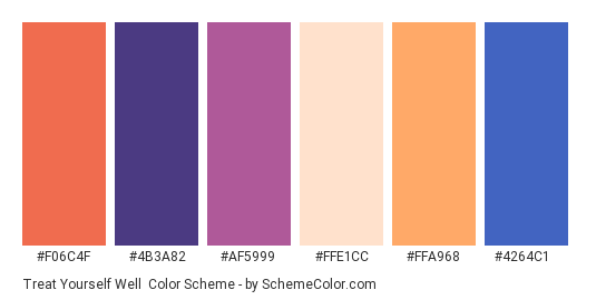 Treat Yourself Well - Color scheme palette thumbnail - #f06c4f #4b3a82 #af5999 #ffe1cc #ffa968 #4264c1 