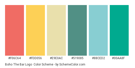 Boho The Bar Logo - Color scheme palette thumbnail - #f06c64 #fdd056 #e9e0ac #519085 #88ced2 #00aa8f 