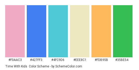 Time with Kids - Color scheme palette thumbnail - #f0aac3 #427ff3 #4fc9d6 #eee8c1 #fdb95b #35be54 