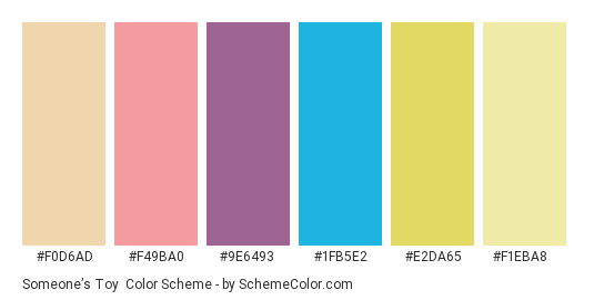 Someone’s Toy - Color scheme palette thumbnail - #f0d6ad #f49ba0 #9e6493 #1fb5e2 #e2da65 #f1eba8 