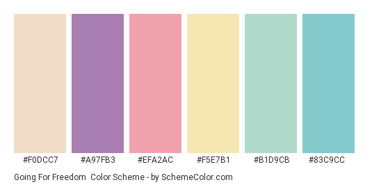 Going for Freedom - Color scheme palette thumbnail - #f0dcc7 #a97fb3 #efa2ac #f5e7b1 #b1d9cb #83c9cc 