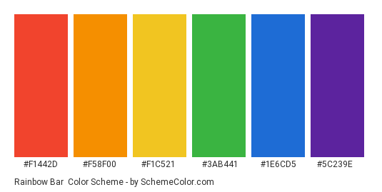 Rainbow Bar - Color scheme palette thumbnail - #f1442d #f58f00 #f1c521 #3ab441 #1e6cd5 #5c239e 